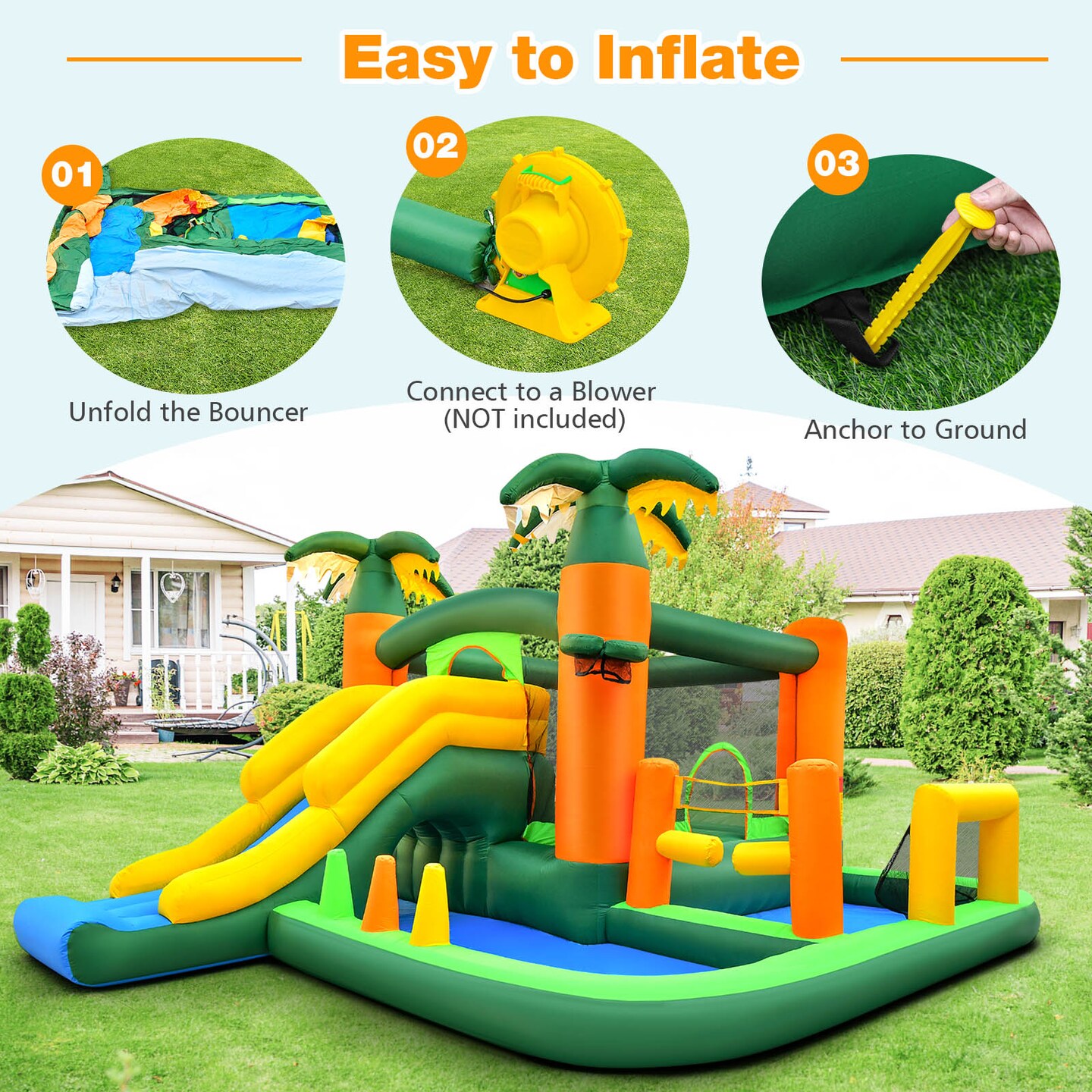 8-in-1 Tropical Inflatable Bounce Castle with 2 Ball Pits Slide and Tunnel