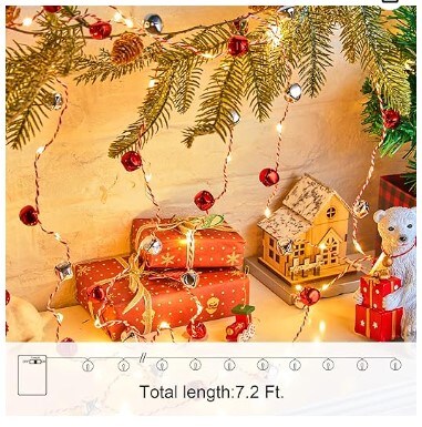 Christmas String Lights, 7.2ft 20 LEDs Battery Powered Jingle Bell Lights for Indoor, Xmas Tree, Fireplace, Gift Decor (Red/Silver)