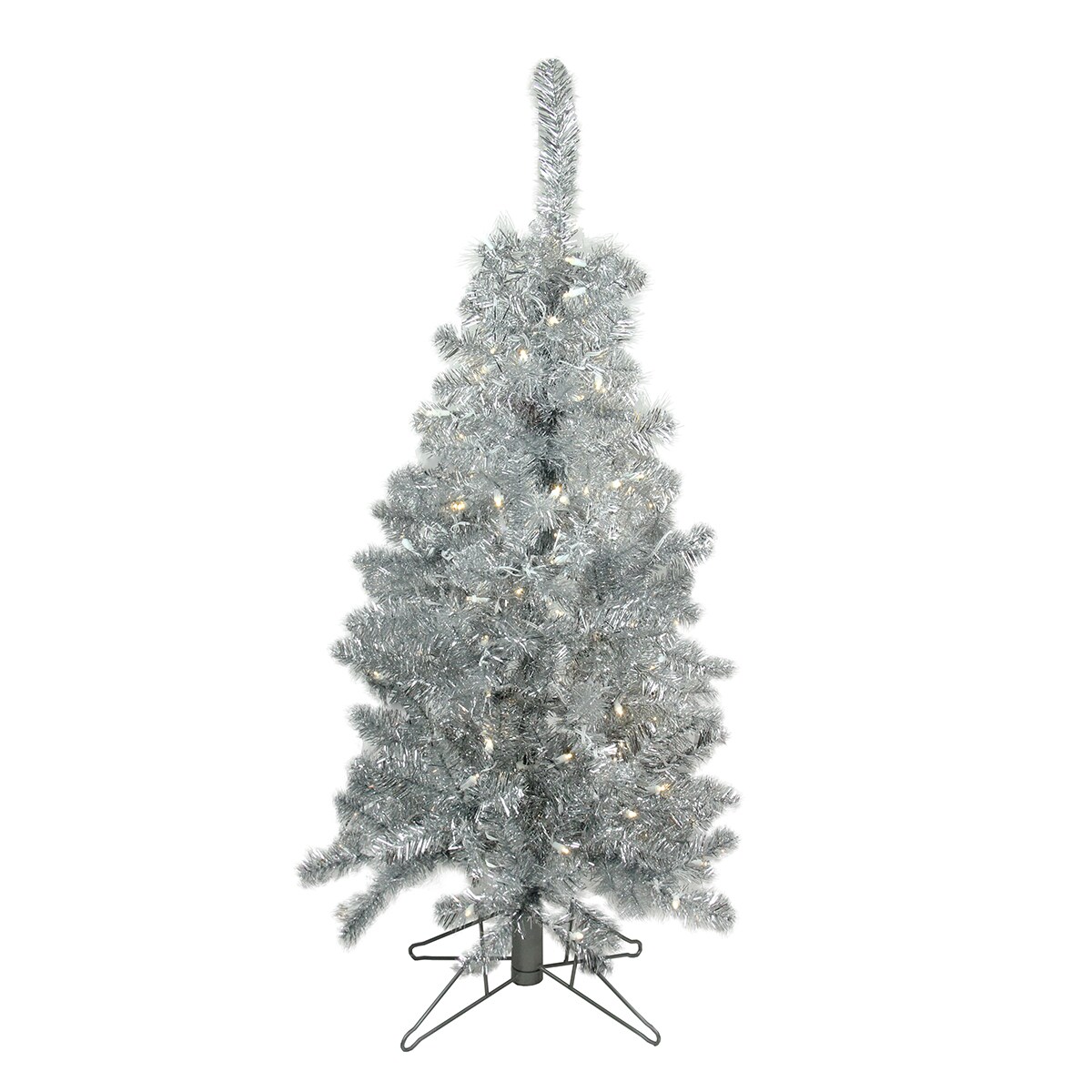 Arett Sales 4&#x27; Pre-Lit Medium Silver Tinsel Artificial Christmas Tree - Clear Lights