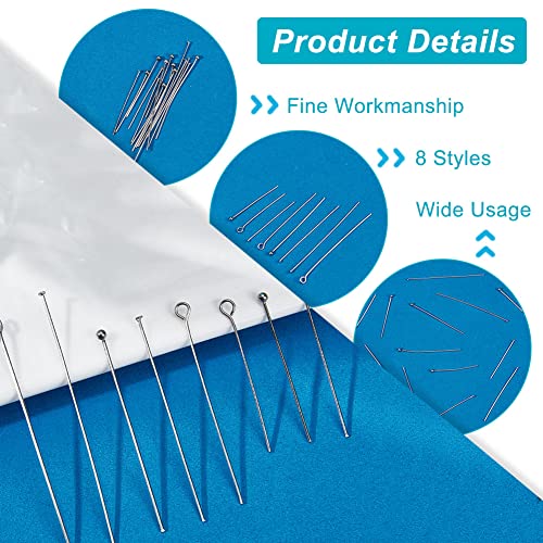 560 pieces 8 Styles 304 Stainless Steel Eye Pins 30mm 40mm 50mm Head Pins Ball 22 Gauge Head Pins Findings Open Eye Pin for Earring Bracelet Pendant Jewelry Making, Stainless Steel Color