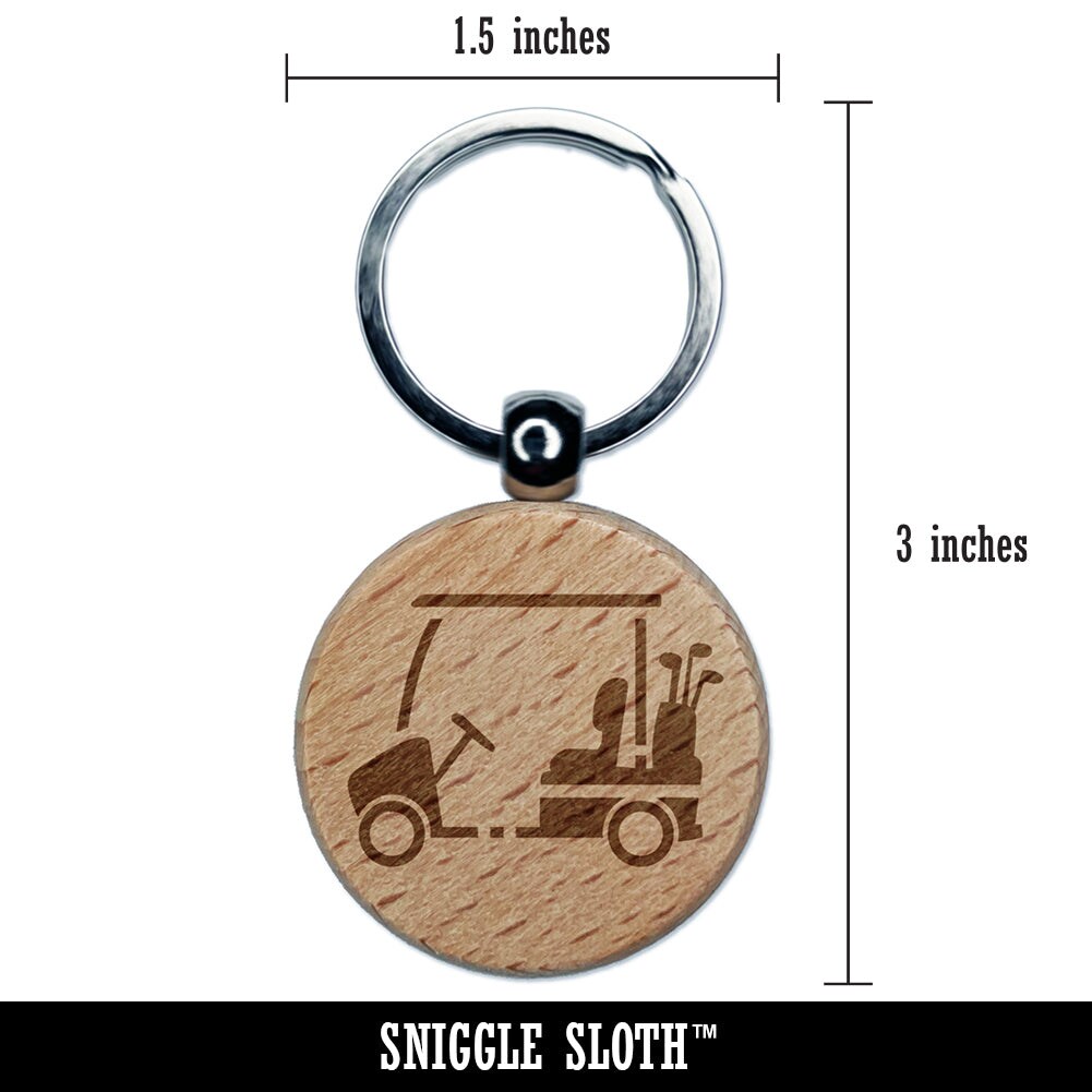 Golf Cart Caddy with Clubs Engraved Wood Round Keychain Tag Charm