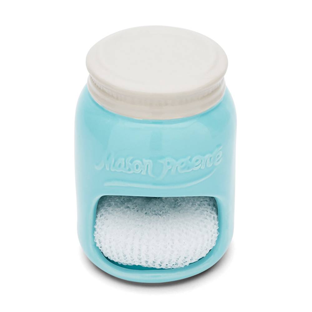 Fox Run Ceramic Sponge Holder with Sponge, Convenient Kitchen Sink Dish Sponge Caddy with Charming Mason Jar Design