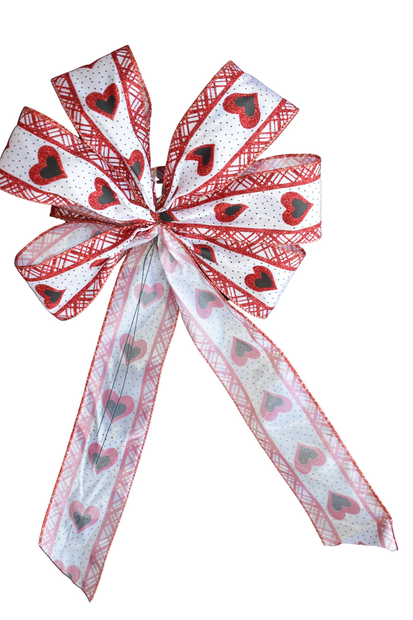 Valentine's Day Wired Wreath Bow - Red and White Glitter Hearts