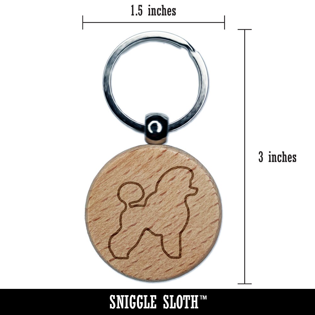 Miniature Poodle Dog Outline Engraved Wood Round Keychain Tag Charm