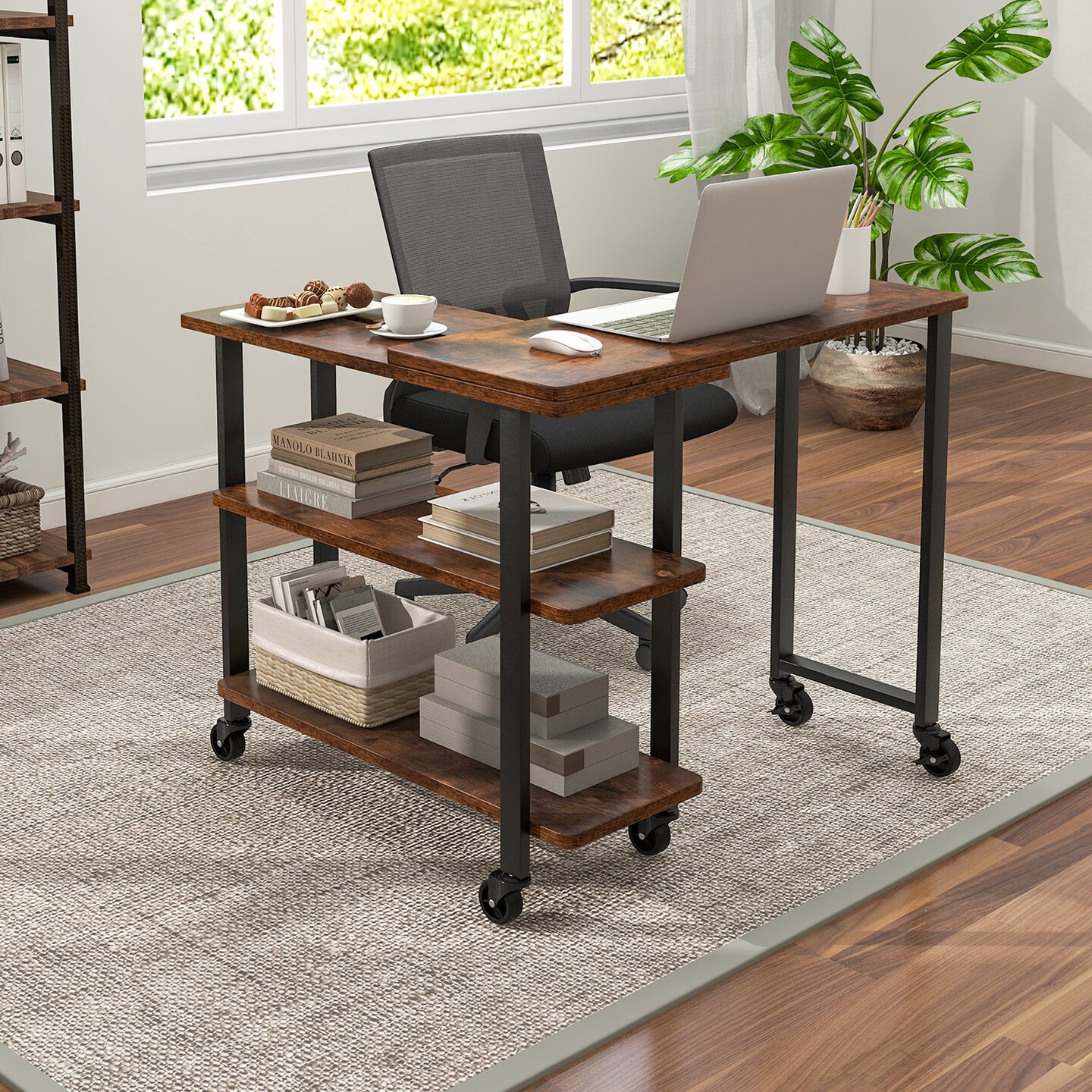 Rotating Sofa Side Table with Wheels Sliding Laptop Desk with Storage Shelves for Small Spaces