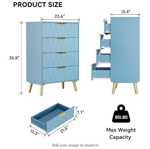 Drawer Dresser, Chest of Drawers, Contemporary Dresser with Storage, Bedroom, Living Room, Hall, Entryway, Closet Organizing Unit (Blue)