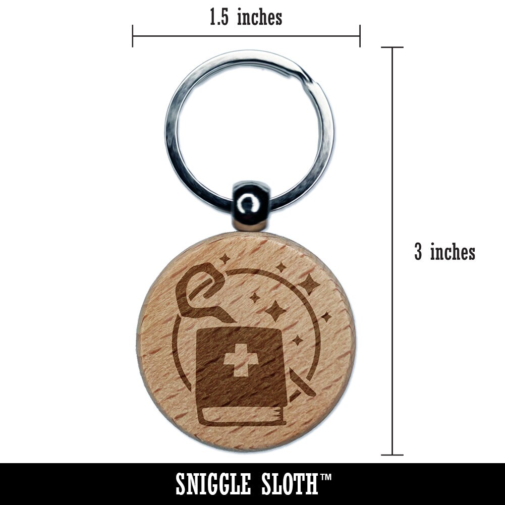 Priest Healer Cleric Tome and Staff Gaming Engraved Wood Round Keychain Tag Charm