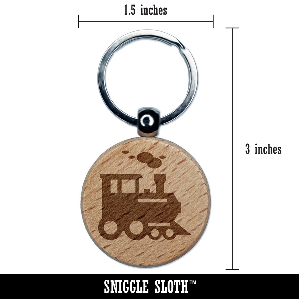 Locomotive Railway Train Engine Engraved Wood Round Keychain Tag Charm