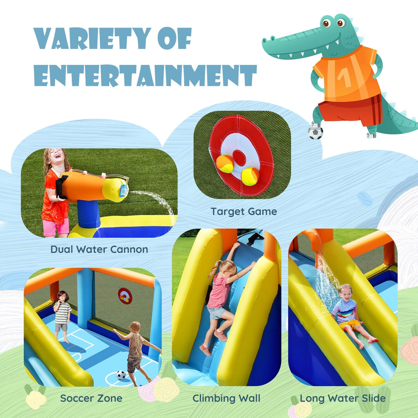 Kids Inflatable Water Bouncer With Soccer Zone Slides Climbing Wall And Splash Pool