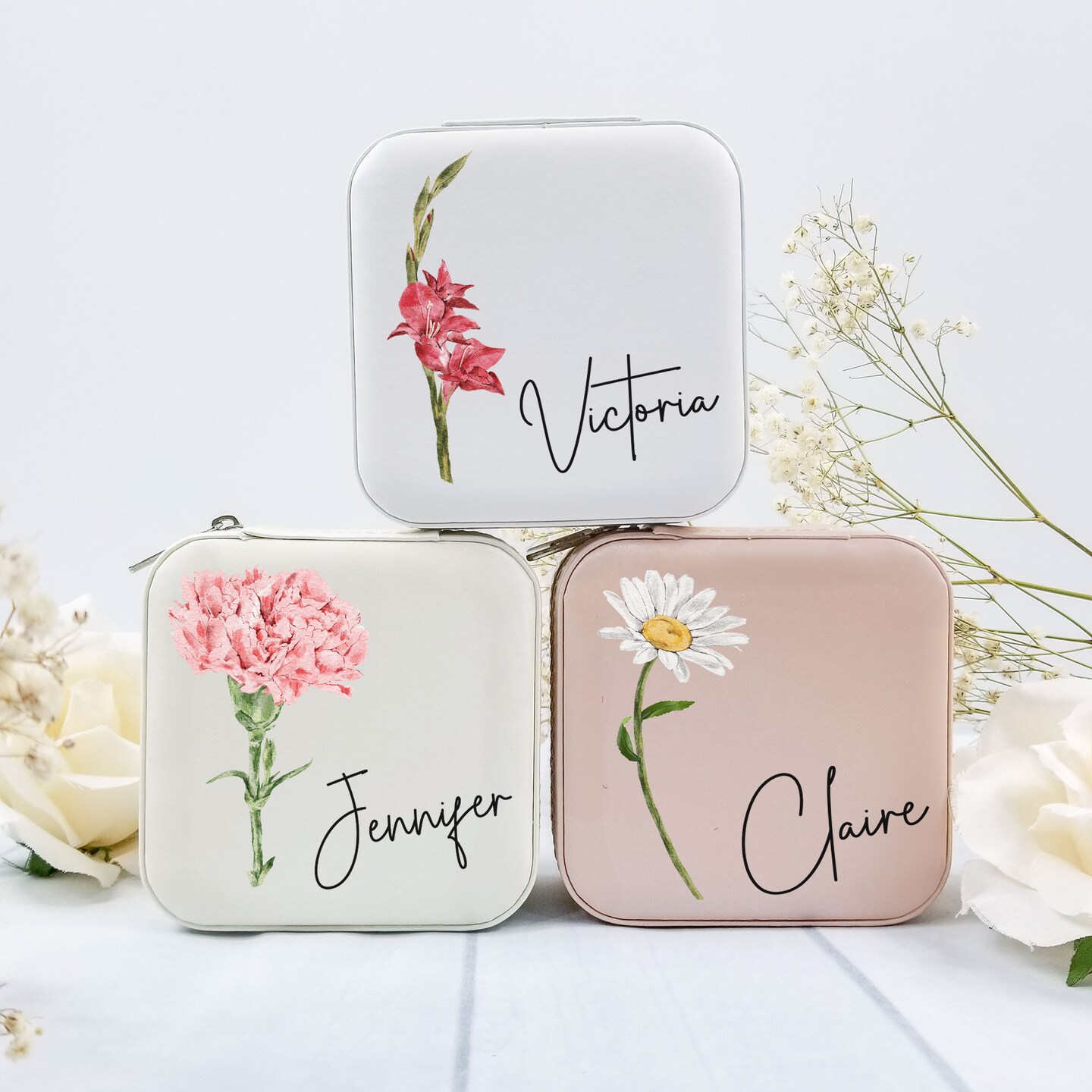 Personalized Jewelry Box With Name And Ribbon For Bridesmaid Proposal, Wedding Gift For The Bride, Travel Jewelry Case Gift For Her [JB01