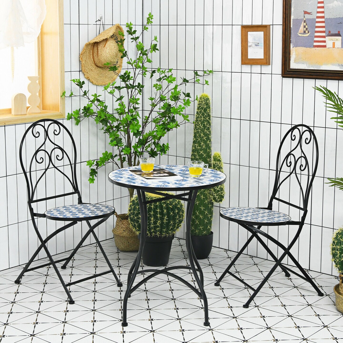 Patio Mosaic Bistro Round Table with Blue Floral Pattern