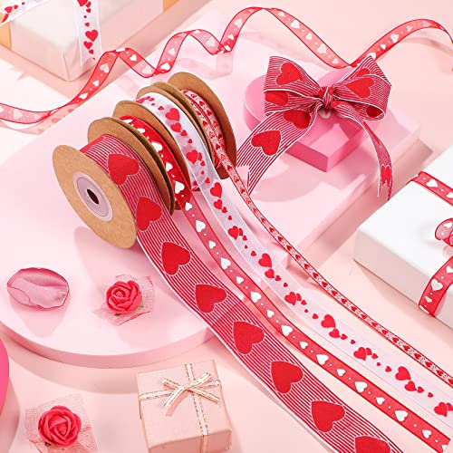 4 Rolls Valentine&#x27;s Day Wired Ribbon Heart Wired Edge Ribbon Printed Heart Ribbon Polyester Wrapping Ribbon for DIY Craft Wrapping Wedding Valentine&#x27;s Day Decoration, 11 Yards, 5.5 Yards