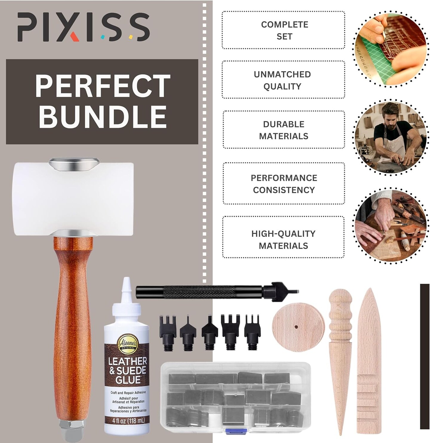 Leather Tools for Leather Working by Pixiss - Leather Hole Punch Tool with 39 bits, Mallet Hammer, Aleene's Leather Glue Adhesive (4 fl oz), and 2x Leather Burnishing Tool - Leather Stamping Tools Kit