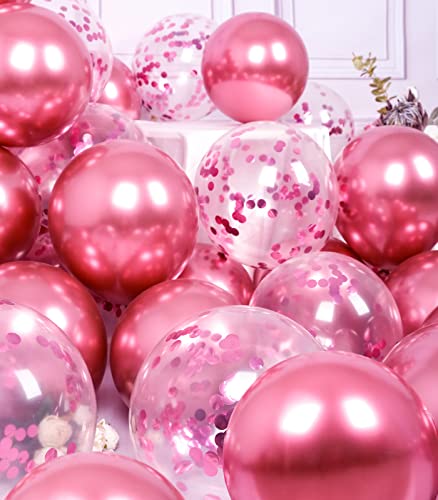 47 Pieces Metallic Hot Pink Balloons and Confetti Balloons Set Latex Helium Chrome Magenta Balloon for Birthday Graduation Anniversary Party Decorations