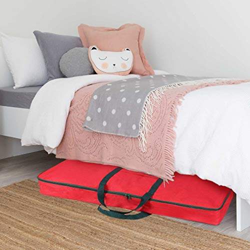 Christmas Wrapping Paper Storage Bag with Pockets | Gift Wrap Organizer Container | 37” x 14” x 4” | Underbed Durable Box Made of 600D Oxford Material (Red)