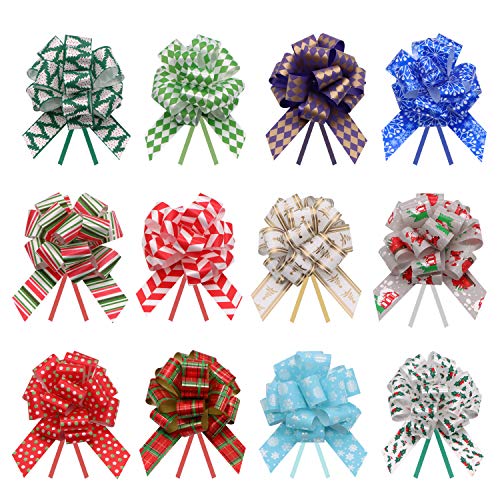 JOYIN 24 Christmas Gift Wrap Ribbon Pull Bows 5", Easy and Fast Gift Wrapping Accessory for Christmas Bows Baskets Wine Bottles Gifts Decoration, Gift Wrapping, Present Decor