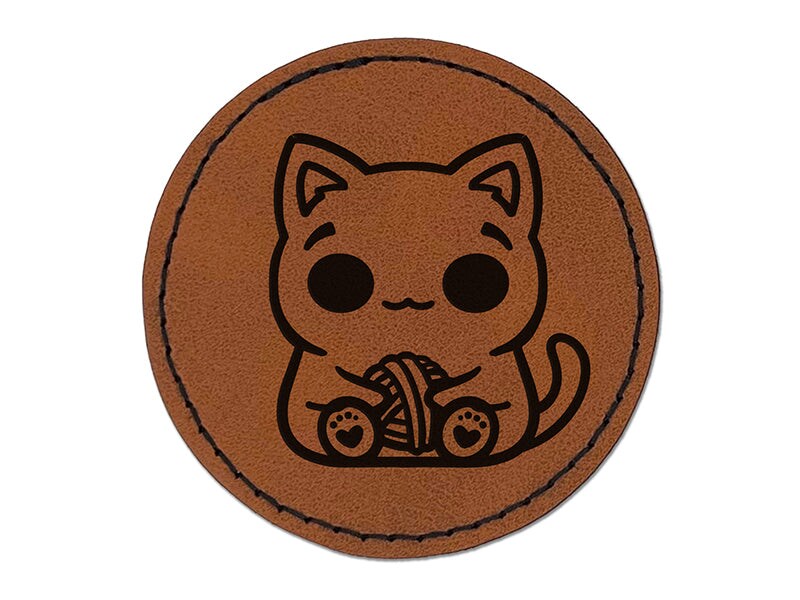 Content Kawaii Chibi Sitting Cat with Ball of Yarn Round Iron-On Engraved Faux Leather Patch Applique - 2.5&#x22;