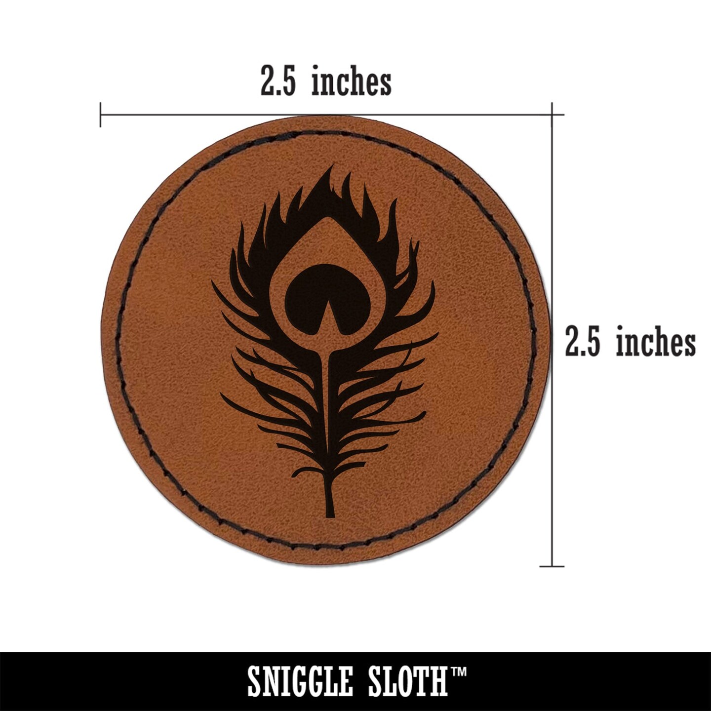 Elegant Peacock Feather Round Iron-On Engraved Faux Leather Patch Applique - 2.5&#x22;