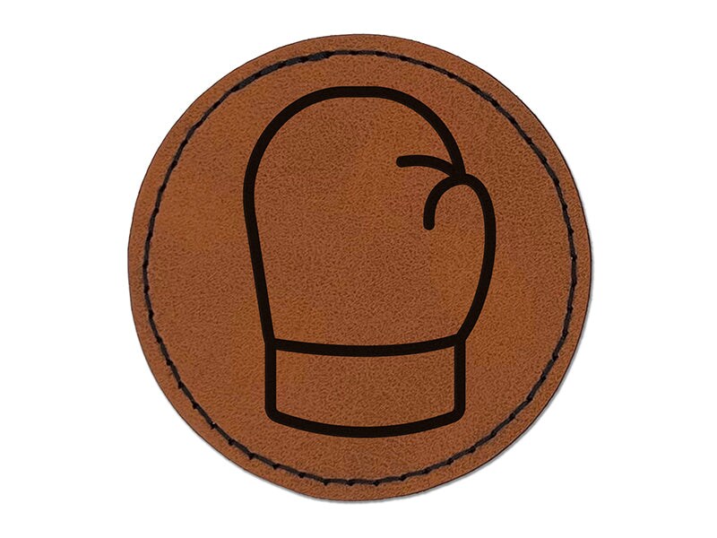 Boxing Glove Outline Round Iron-On Engraved Faux Leather Patch Applique - 2.5&#x22;