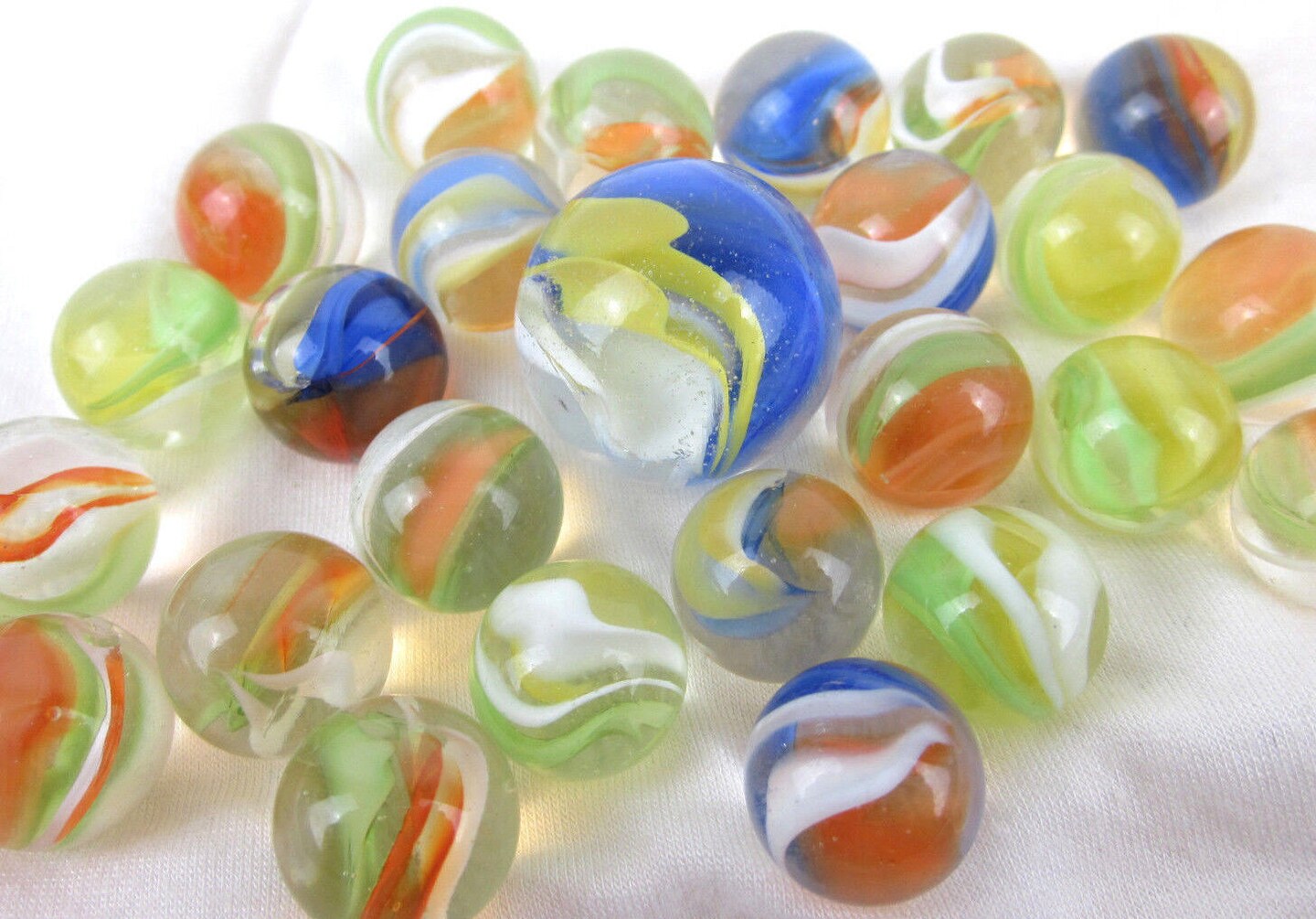 25 Glass Marbles CAT'S EYE Orange/Blue Cats Eyes Game Pack Shooter Swirl Squid