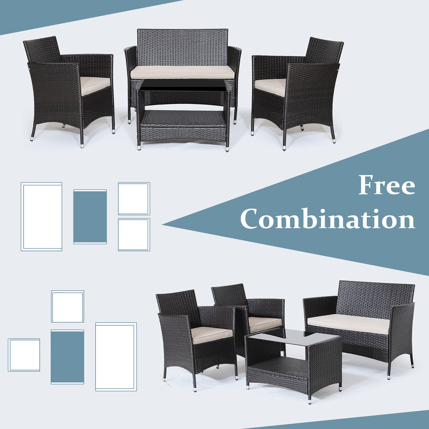 Costway 4PCS Patio Rattan Furniture Set Armrest Cushion Sofa Coffee Table withShelf Garden