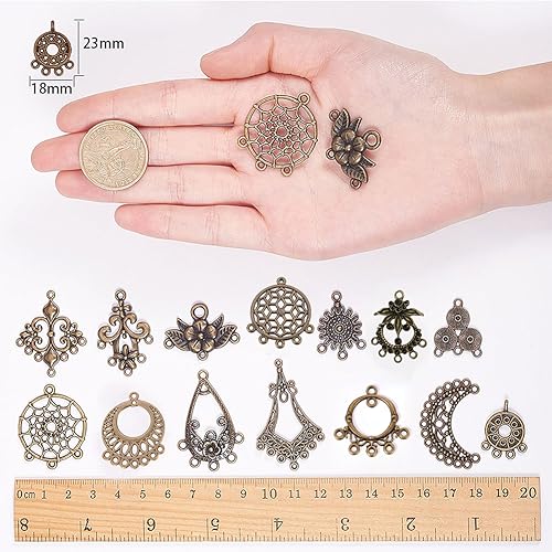 64 Pieces Assorted Chandelier Connector Charms Tibetan Style Antique Bronze Flower Dream Catcher Charm Earring Findings Loops Vintage Linking Connectors Charm for Jewelry Making Charms
