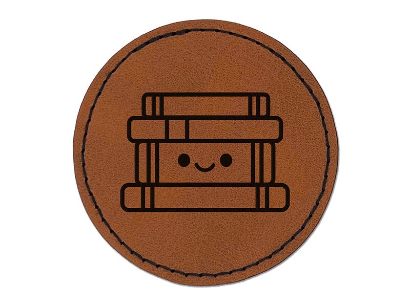 Kawaii Stack of Books Teacher School Round Iron-On Engraved Faux Leather Patch Applique - 2.5&#x22;