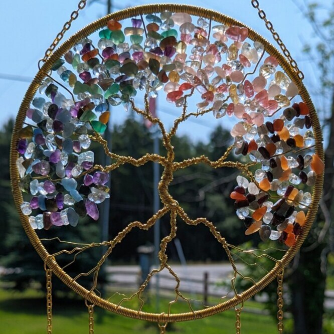 product name is Four Season Tree of Life Sun Catcher: Handmade, Healing Stone, Light Catcher Spring, Summer, Fall, Winter, Window Ornaments