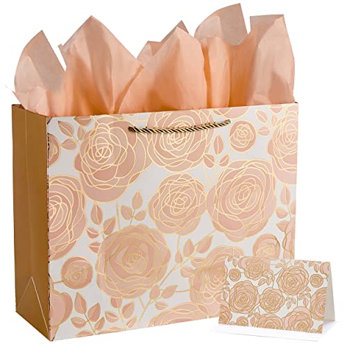 SUNCOLOR 13&#x22; Rose Gold Large Gift Bag with Card and Tissue Paper