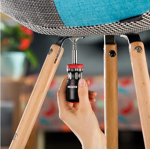 Stubby Ratcheting Screwdriver Kit includes a 12-in-1 Mini Bit Set with Flathead, Hex, Torx, and Pozidriv Tips.