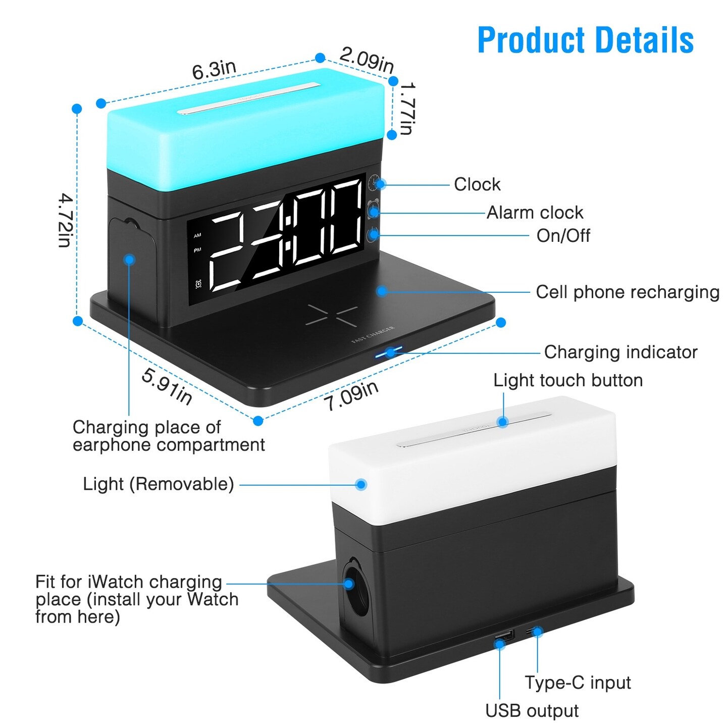 3 in 1 Wireless Charger Fast Charging Station Dock with Alarm Clock and Dimmable Colorful Night Light Fit for iPhone 14/13/12/11/Pro Max/iWatch/AirPods