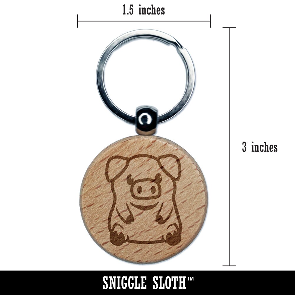 Cute Little Pig Sitting Engraved Wood Round Keychain Tag Charm