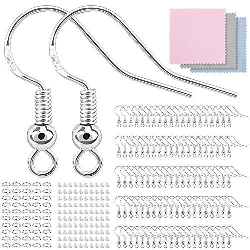 QLINLEAF 200pcs Hypoallergenic Bead & Spring Surgical Stainless Steel Earring Hooks with 200pcs Earring Backs for Jewelry Making DIY (Silver), Sil