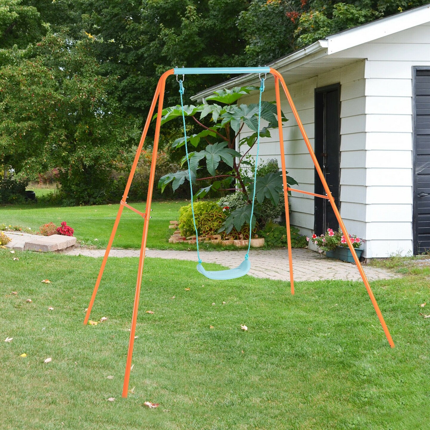 Outdoor Kids Swing Set with Heavy Duty Metal A-Frame and Ground Stakes