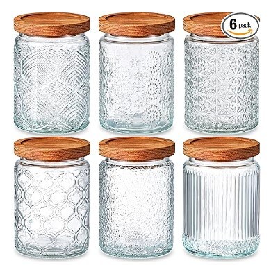 6 Glass Food Storage Containers with Wood Lids 24 oz Airtight Vintage Glass Jar with Lid Decorative Candy Cookie Jar Clear Glass Canisters Kitchen Storage Jars for Coffee, Sugar, Spice, Flour