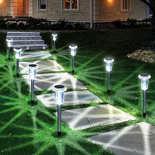 10 Pieces Solar Outdoor Lights, Waterproof Stainless Steel Solar Stake Lights for Pathway Garden Yard Path Walkway Driveway Lawn Decor - Cool White