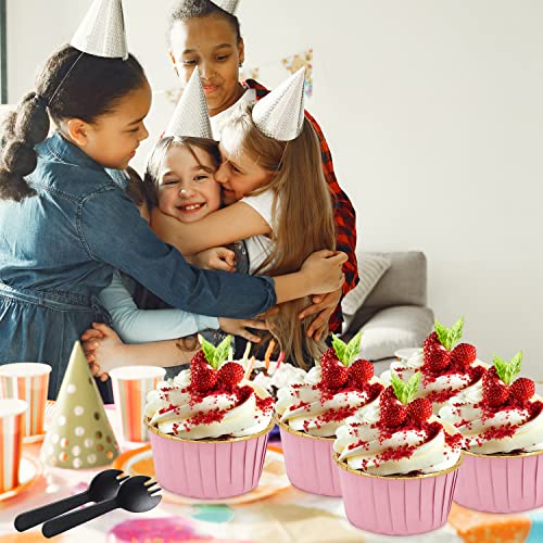 100 Sets Cupcake Liners And Wrapers With Lids ,5.5 Oz Large Foil Muffin Tins Or Liners,Disposable Baking Cups, Cupcake Wrappers Holders For Wedding Valentine-Pink in gold