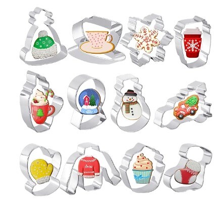 Snowflake Cookie Cutters, 12 pcs. Cookie Cutters Set for Holiday Winter Party Supplies Coffee Mug Hot Cocoa Sweater Hat Mitten Cookie Cutters Fondant Biscuit Cutters