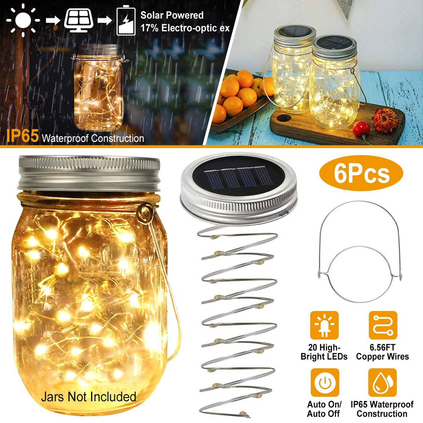 6 Pcs Solar Powered Mason Jar Lid Lights 20 LEDs Fairy String Lights Xmas Garden Decor