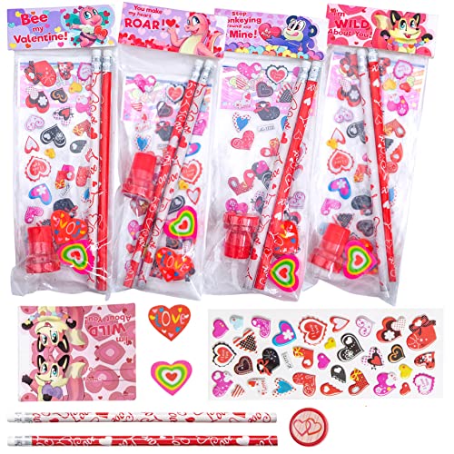 Valentine Gifts for Kids School, 28 Packs Stationery Set from Teachers to  Students, Valentines Kids Gift Set Cards with Stickers, Pencils, Erasers