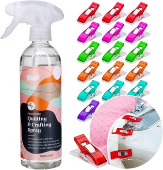 Magic Spray for Quilting &#x26; Crafting - Eliminates Odors &#x26; Wrinkles - Magic Sizing Ironing Spray &#x26; Fabric Spray - Magic Fabric Spray for Cutting, Creasing, &#x26; Sewing - 25 Fabric Sewing Clips