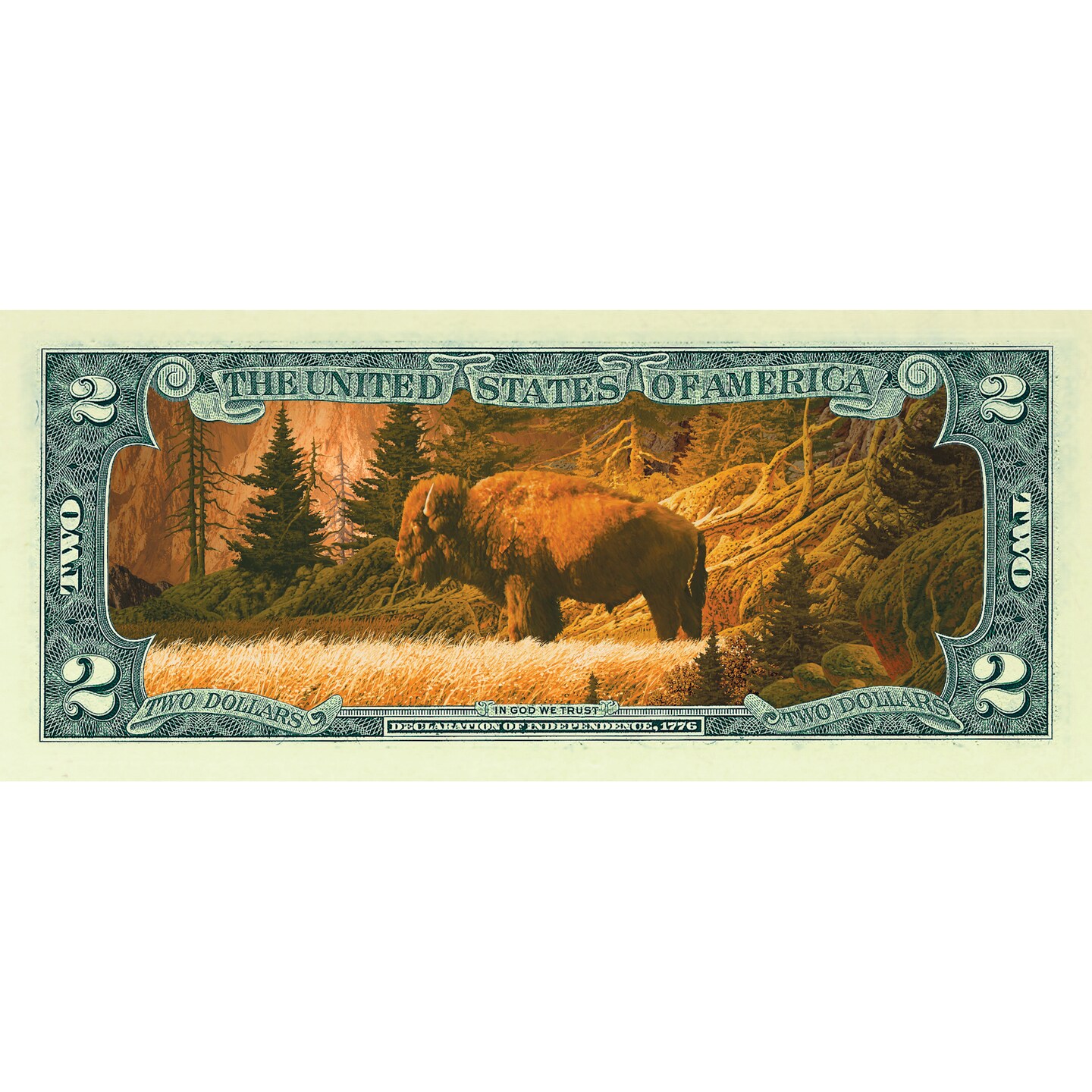 Two Dollar Bison Colorized Bill