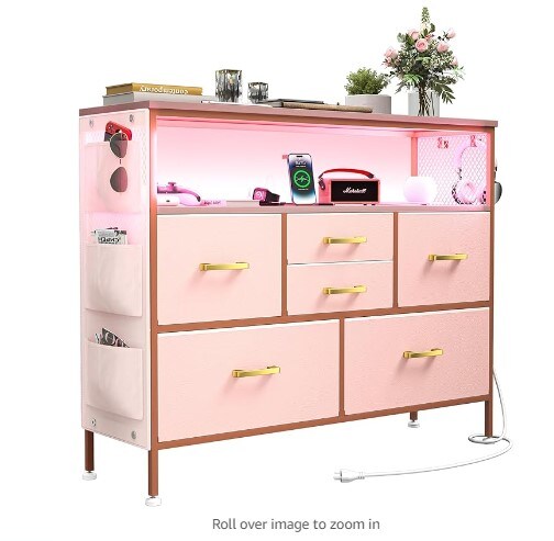 Pink Fabric Chest of Drawers with PU Finish, Six Drawers with Side Pockets and Hooks, Wide Dresser with Shelves for 45&#x22; TV, TV Stand for Bedroom with Power Outlets and LED Lighting