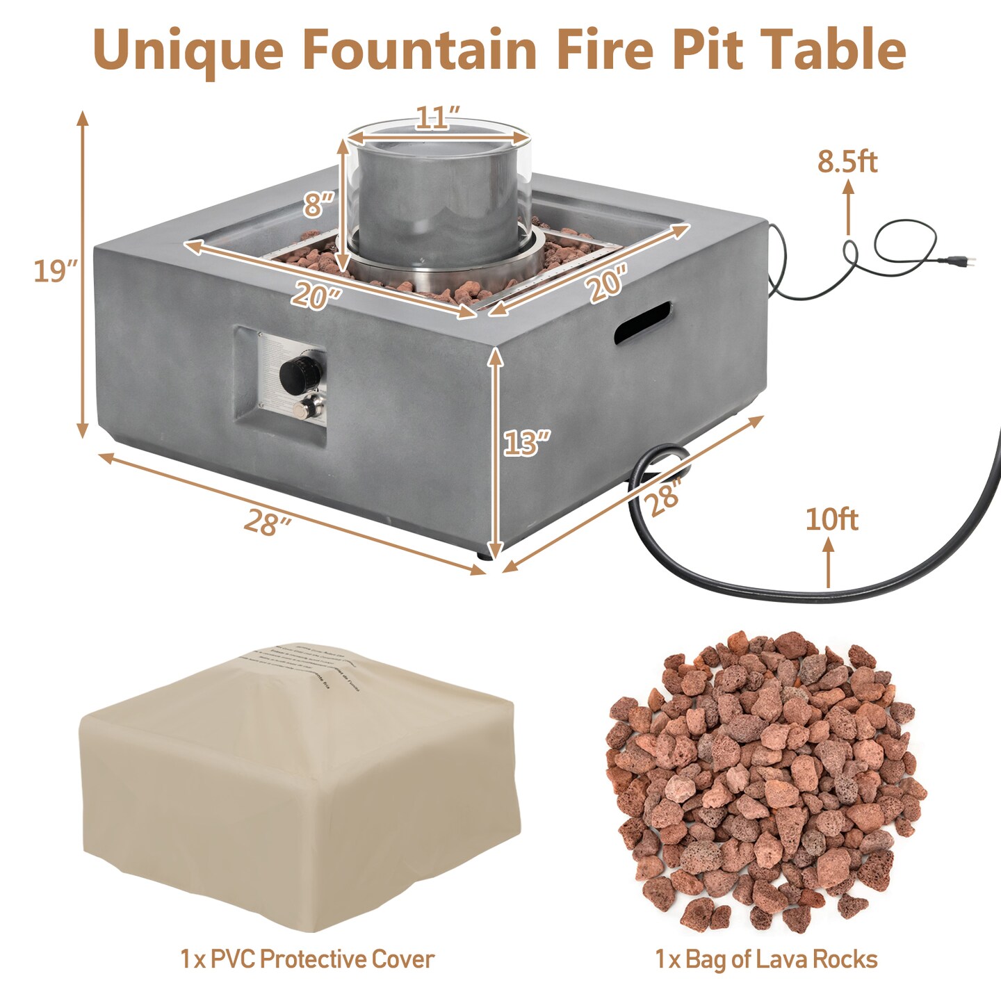 28 Inch 50000 BTU Patio Square Propane Fire Pit with PVC Cover-Grey