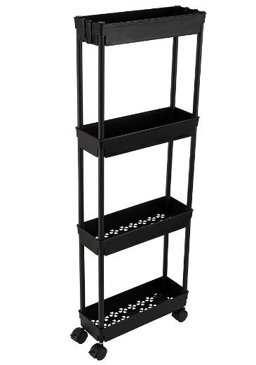 4 Tier Slim Storage Cart, Rolling Storage Cart, Narrow Shelf, Bathroom Rack, Mobile Shelving Unit Organizer for Kitchen, Bathroom, and Laundry Room, Black.
