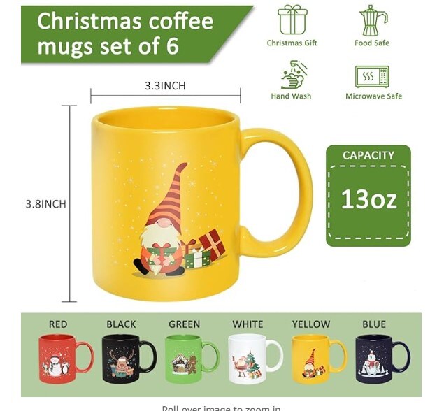 Multicolor Christmas Coffee Mugs Set of 6 Durable Ceramic Holiday Mugs for Coffee, Milk, Hot Cocoa, Tea, Latte (13 Ounce)