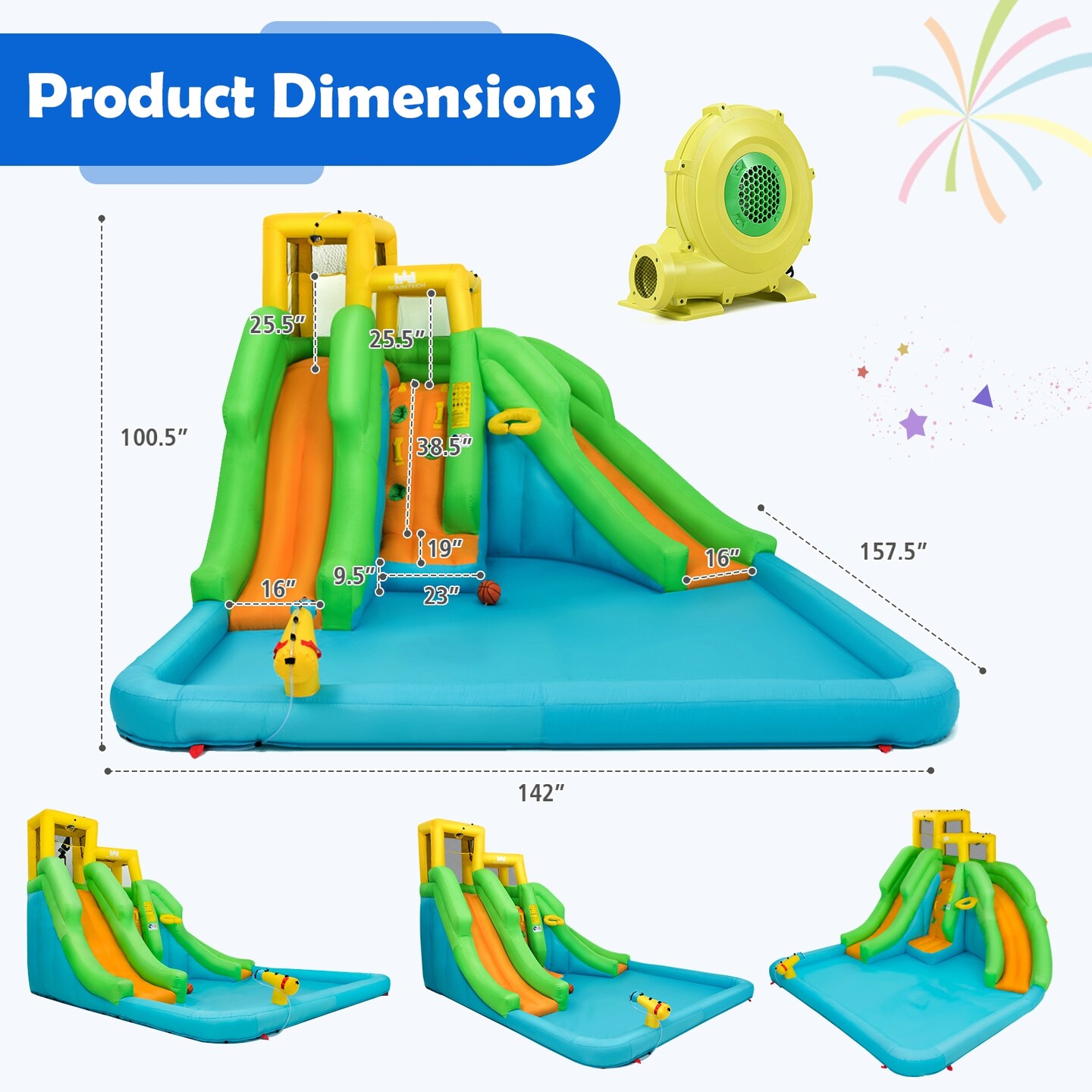 Inflatable Water Park With Double Slides Climbing Wall Splash Pool Basketball