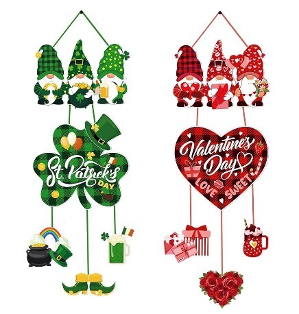 2 pcs St. Patrick&#x27;s Day Decorations Valentine&#x27;s Day Door Sign Gnome Heart Shamrock Shaped Felt Hanging Signs for Front Door Home Window Wall Farmhouse Office Party Supplies