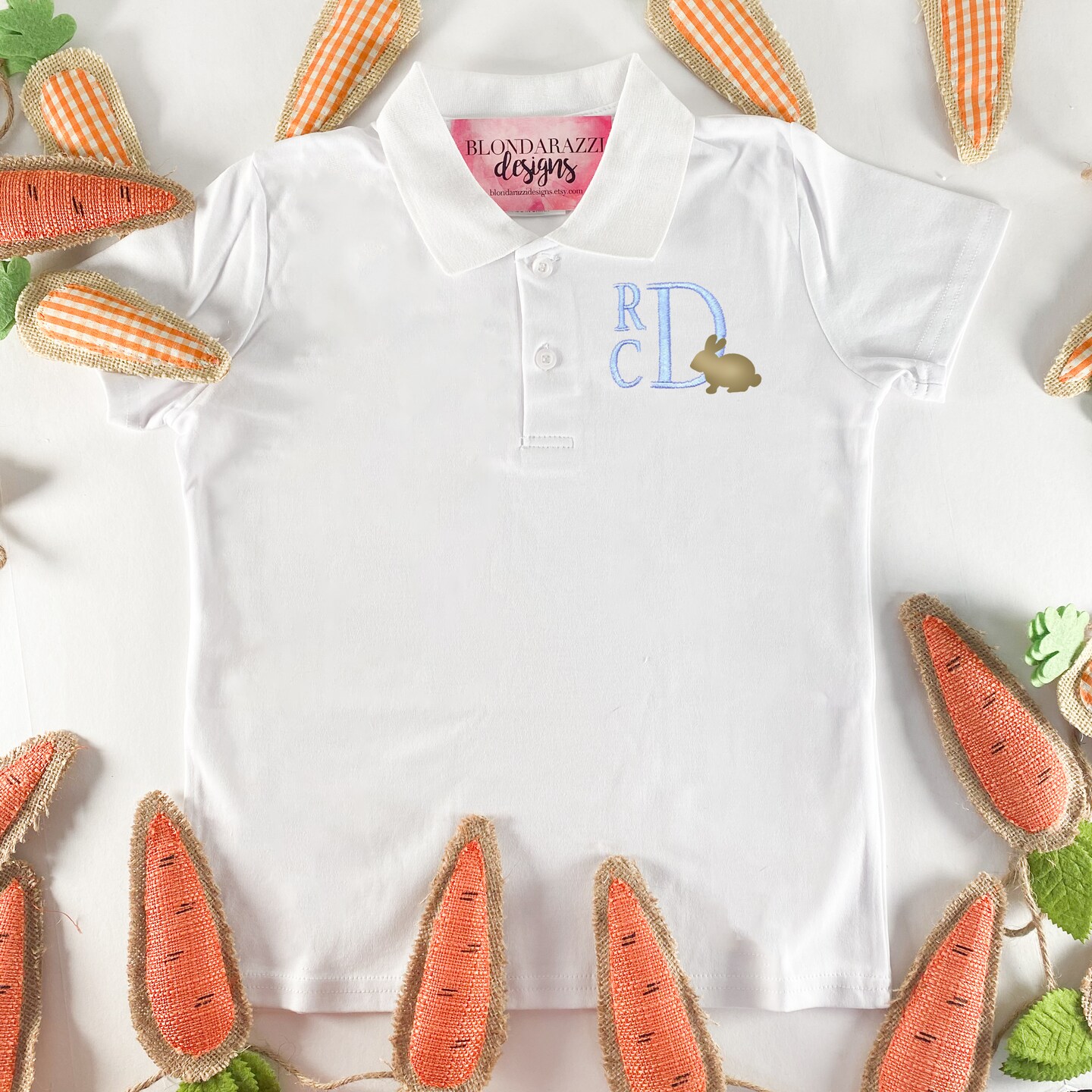 Boys Easter Polo Shirt with embroidered monogram initials stacked font