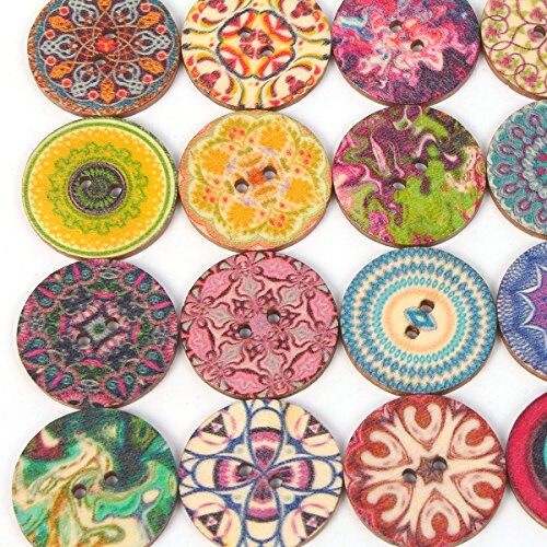 100 Pieces Mixed Random Flower Painting Round 2 Holes Wood Wooden Buttons for Sewing Crafting 20mm